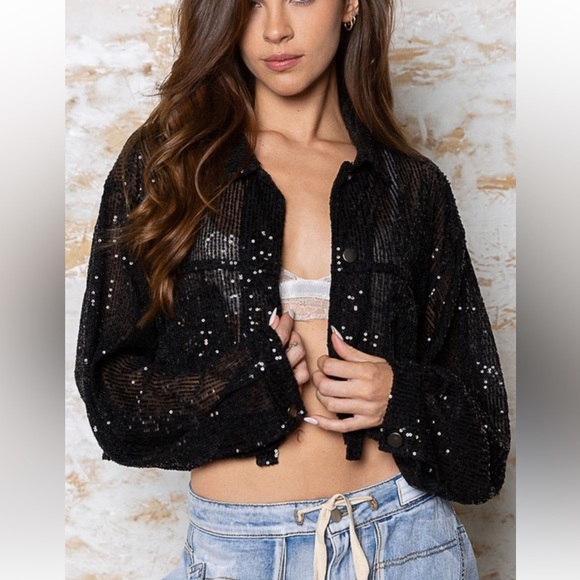 POL Tops - Oversized Button Down Black with Silver Sequins Cropped Blouse